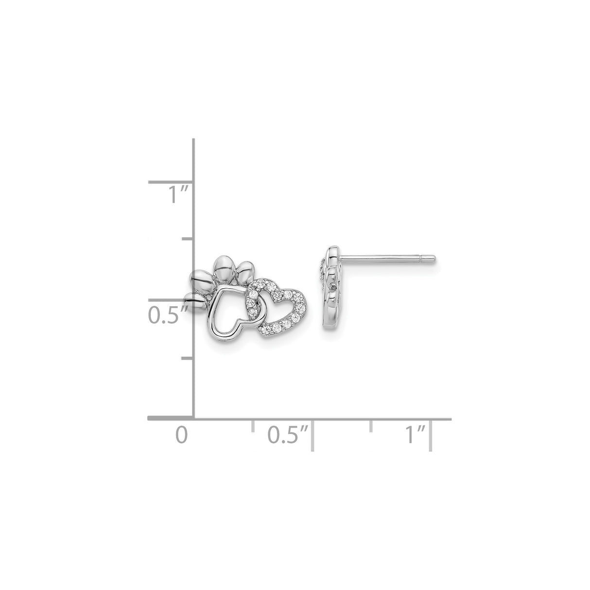 Sterling Silver Paw Stud Earrings with Cubic Zirconia and Intertwined Heart Design