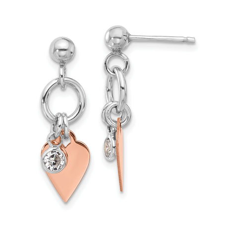 Sterling Silver Drop Earrings with Cubic Zirconia and Rose Gold Heart Charms, Two Tone Design