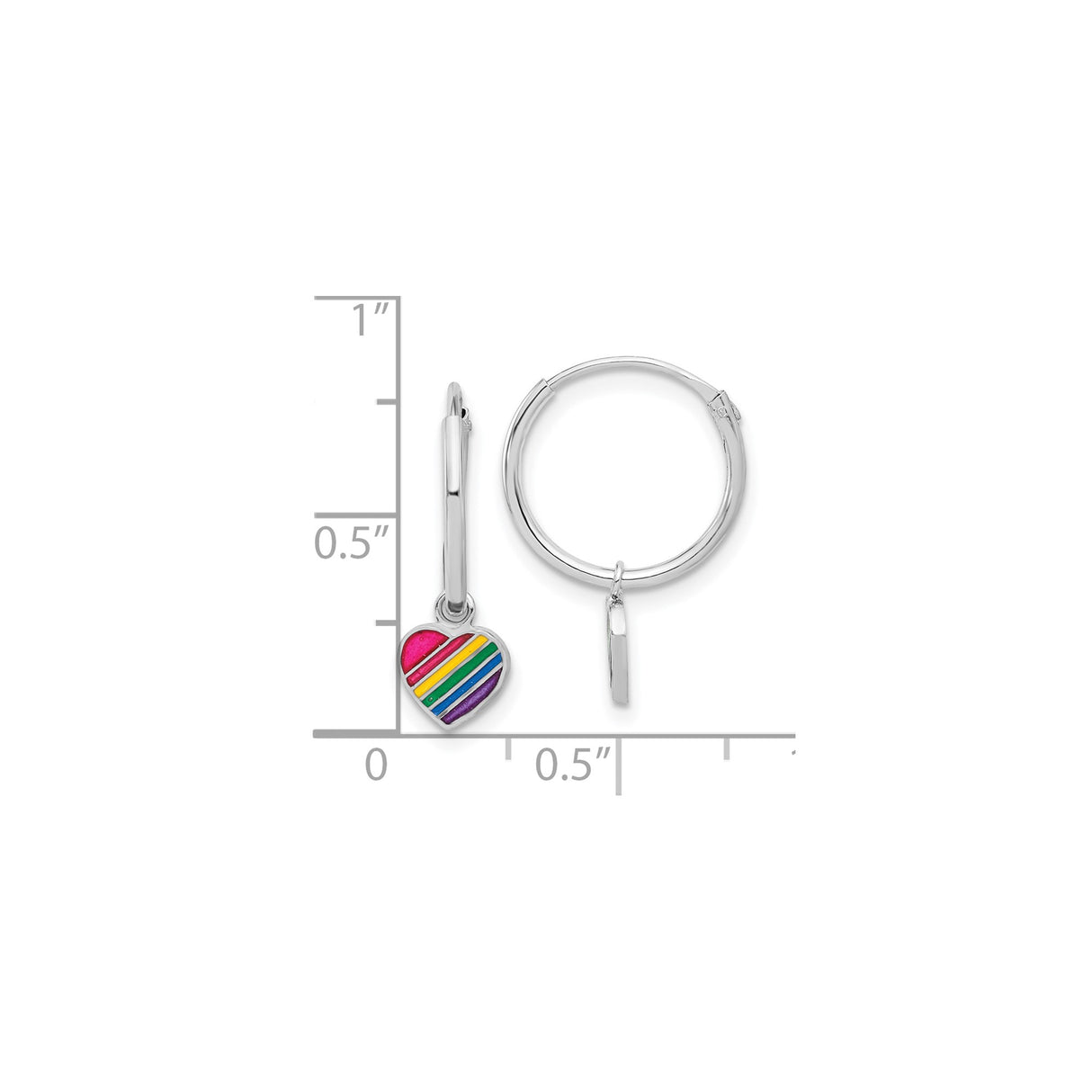 Sterling Silver Hoop Earrings with Rainbow Heart Charm, LGBTQ Pride Jewelry