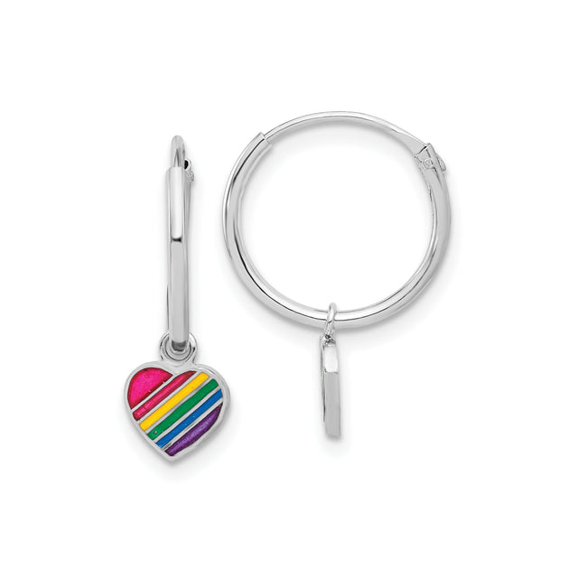 Sterling Silver Hoop Earrings with Rainbow Heart Charm, LGBTQ Pride Jewelry