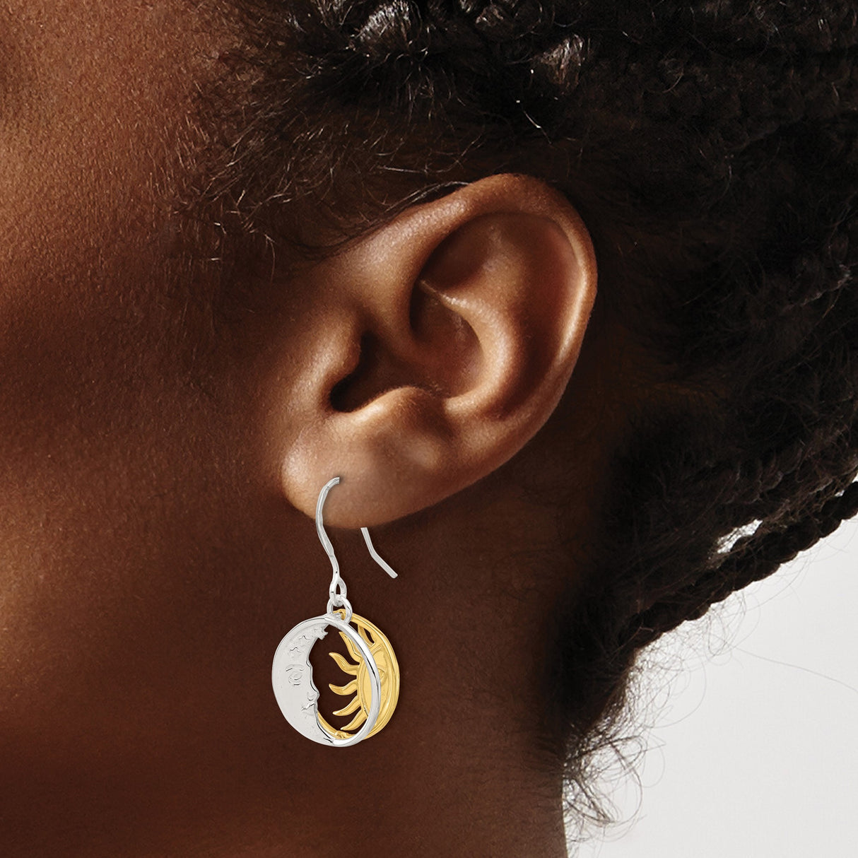 Sterling Silver Dangle Earrings, Sun and Moon Face Design, Celestial Boho Style for Women