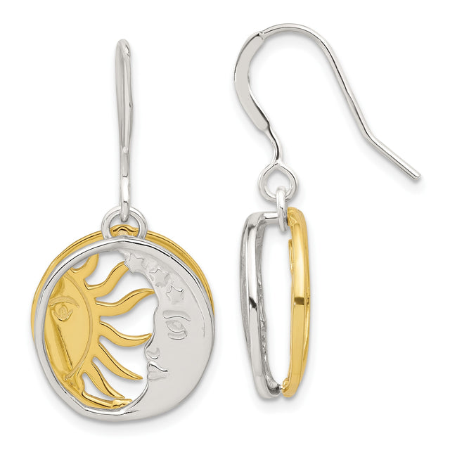Sterling Silver Dangle Earrings, Sun and Moon Face Design, Celestial Boho Style for Women