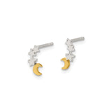 Sterling Silver Celestial Stud Earrings with Gold Plated Crescent Moon and Silver Stars Motif