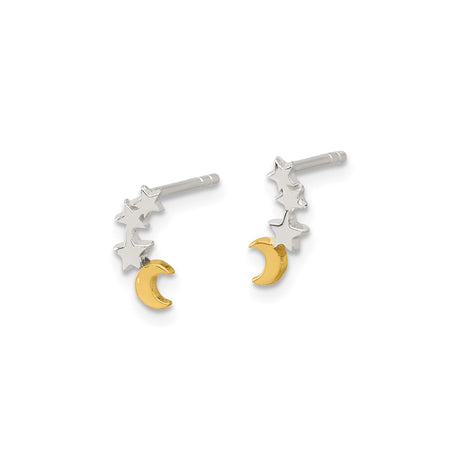 Sterling Silver Celestial Stud Earrings with Gold Plated Crescent Moon and Silver Stars Motif