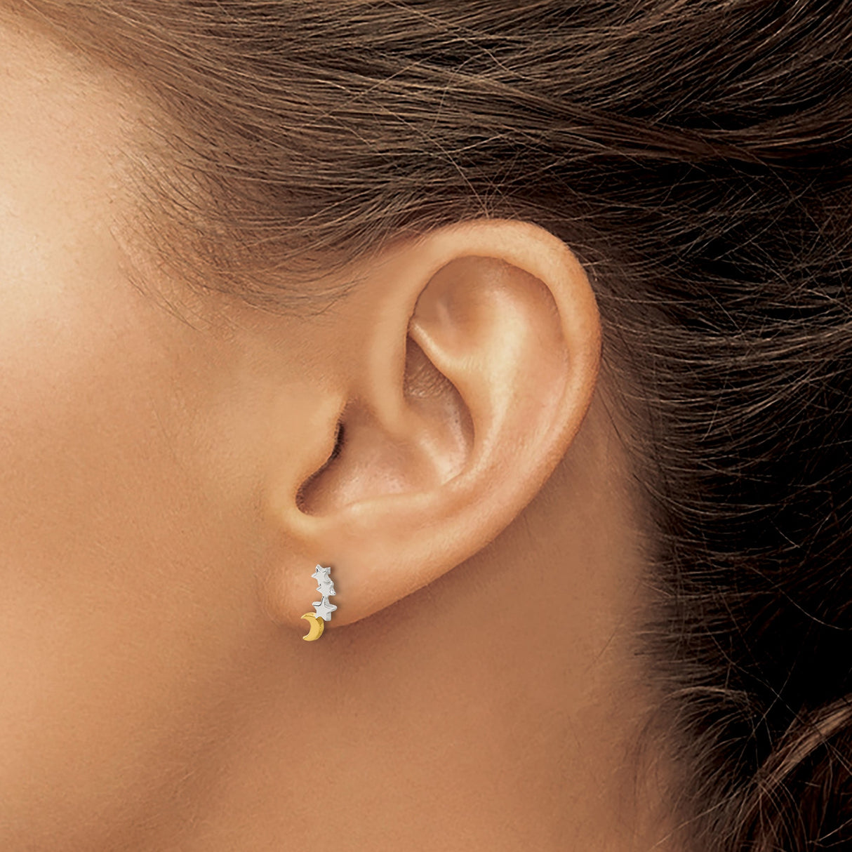 Sterling Silver Celestial Stud Earrings with Gold Plated Crescent Moon and Silver Stars Motif