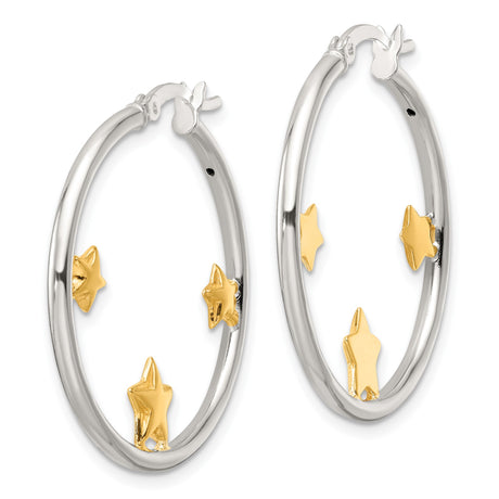 Sterling Silver Hoop Earrings with Gold Tone Star Charms, Celestial Design for Women