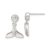 Sterling Silver Whale Tail Dangle Stud Earrings for Women with Round Cubic Zirconia Accent, Nautical Inspired Ocean Jewelry, Beach Style Marine Earrings, Coastal Life Fashion Silver Studs