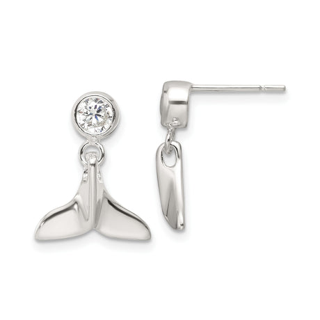Sterling Silver Whale Tail Dangle Stud Earrings for Women with Round Cubic Zirconia Accent, Nautical Inspired Ocean Jewelry, Beach Style Marine Earrings, Coastal Life Fashion Silver Studs