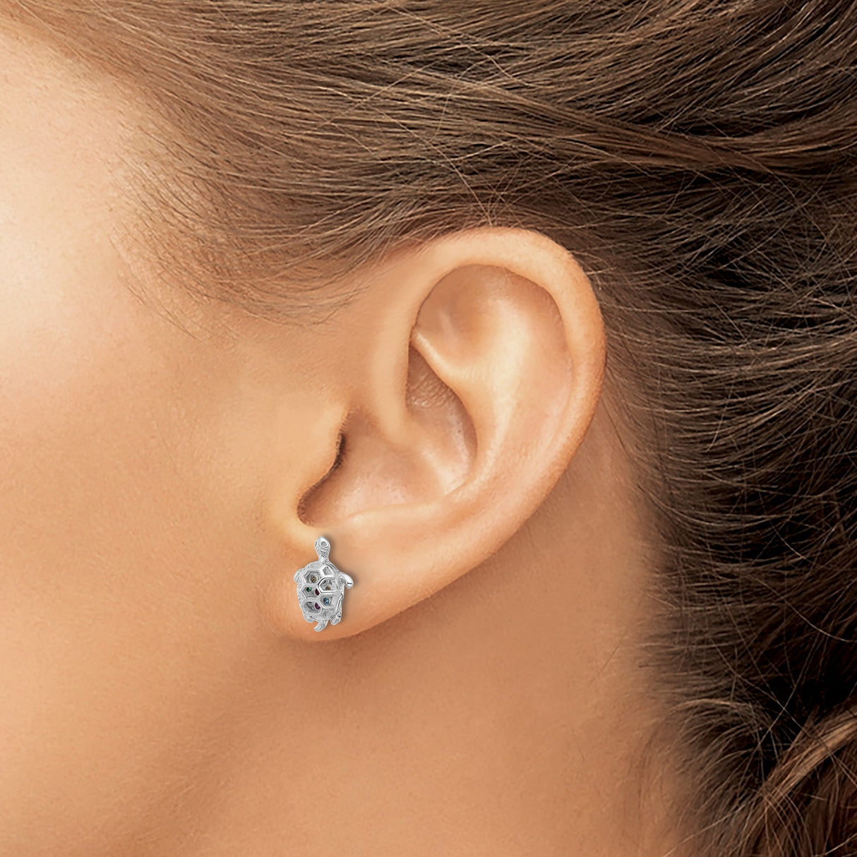 Sterling Silver Turtle Stud Earrings with Multicolor Cubic Zirconia, Ocean Animal Theme