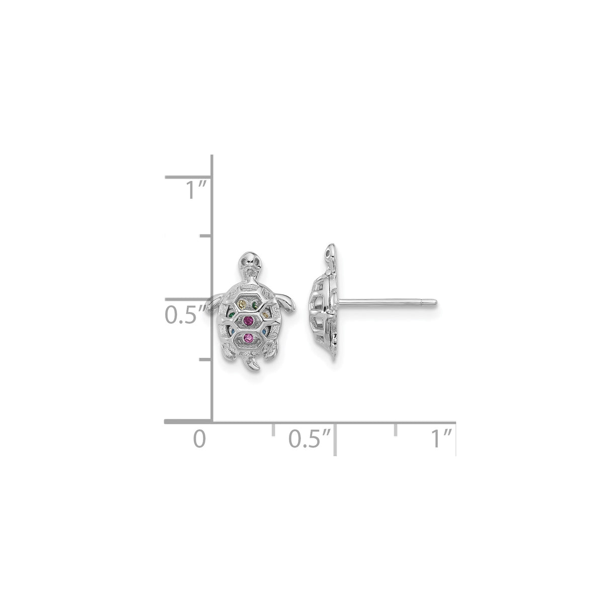 Sterling Silver Turtle Stud Earrings with Multicolor Cubic Zirconia, Ocean Animal Theme