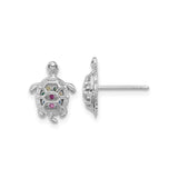 Sterling Silver Turtle Stud Earrings with Multicolor Cubic Zirconia, Ocean Animal Theme