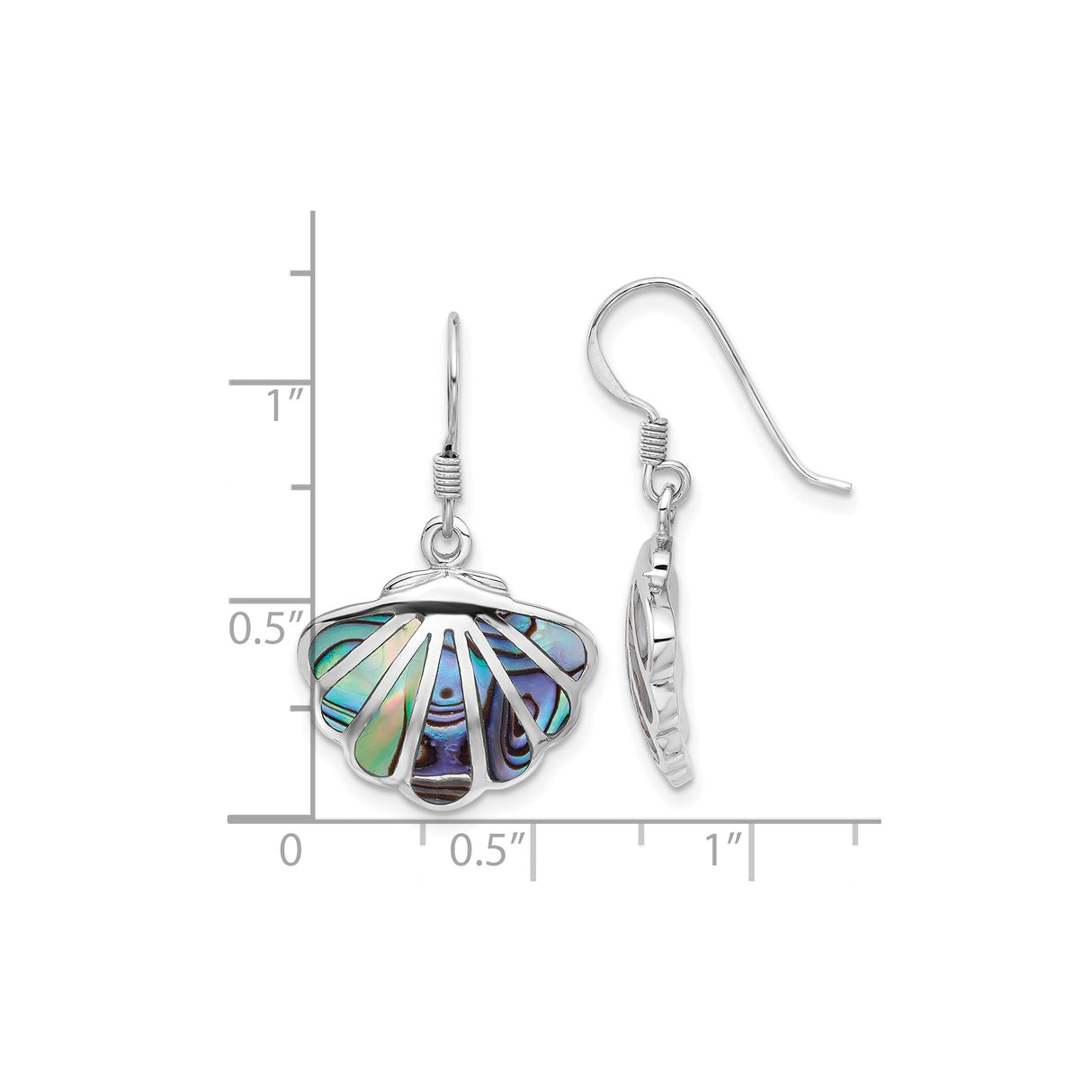 Sterling Silver Dangle Earrings with Abalone Shell, Scallop Design, Coastal Beach Style
