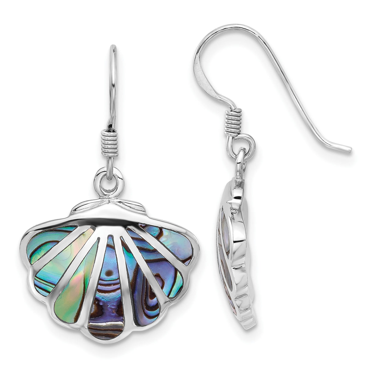 Sterling Silver Dangle Earrings with Abalone Shell, Scallop Design, Coastal Beach Style
