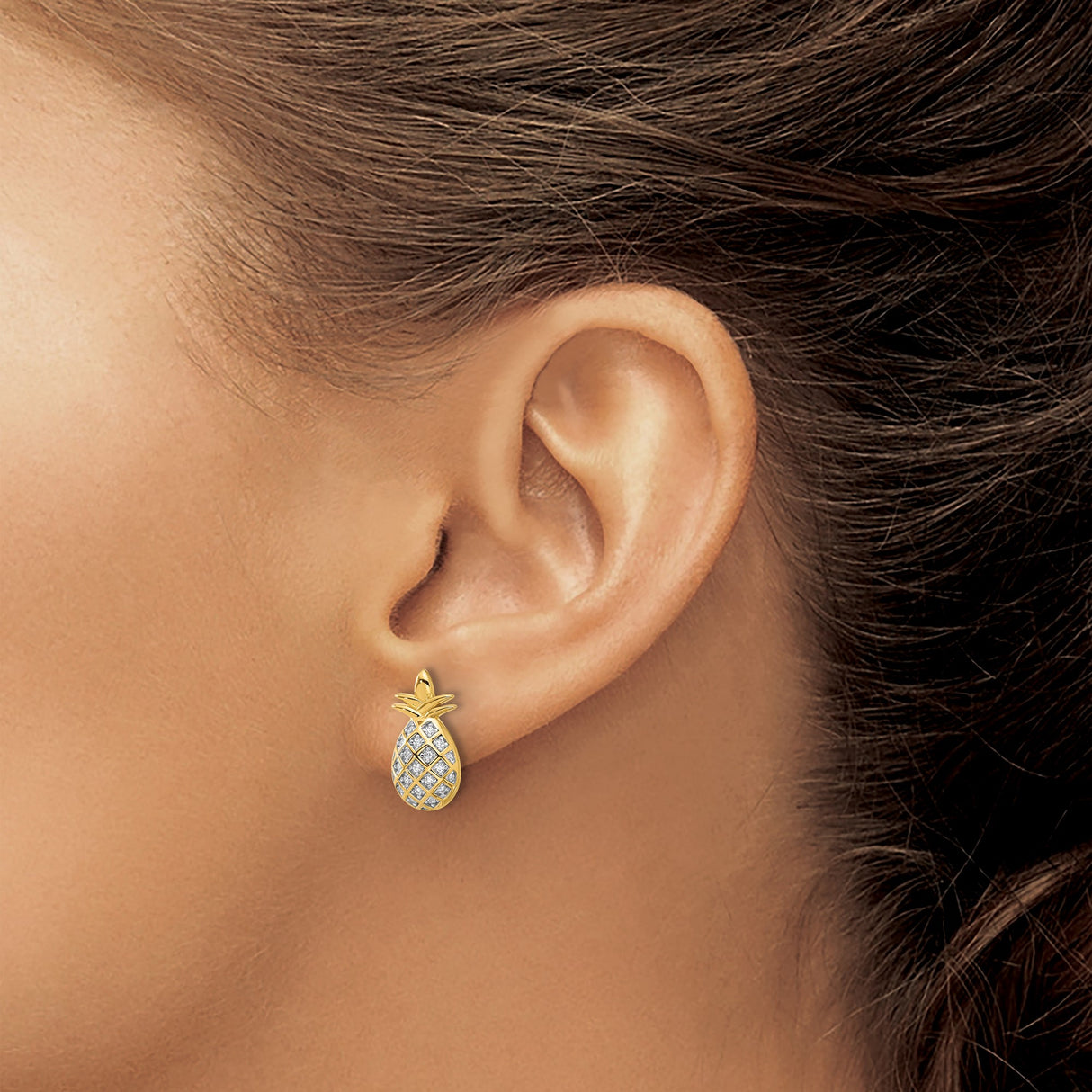 Sterling Silver Pineapple Shaped Stud Earrings with Cubic Zirconia and Gold Plating