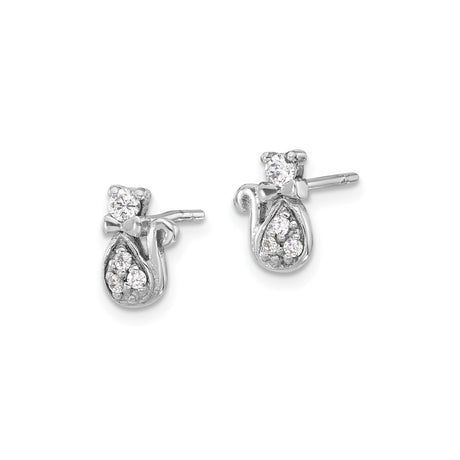 Sterling Silver Cat Stud Earrings with Cubic Zirconia Accents and Bow Detail