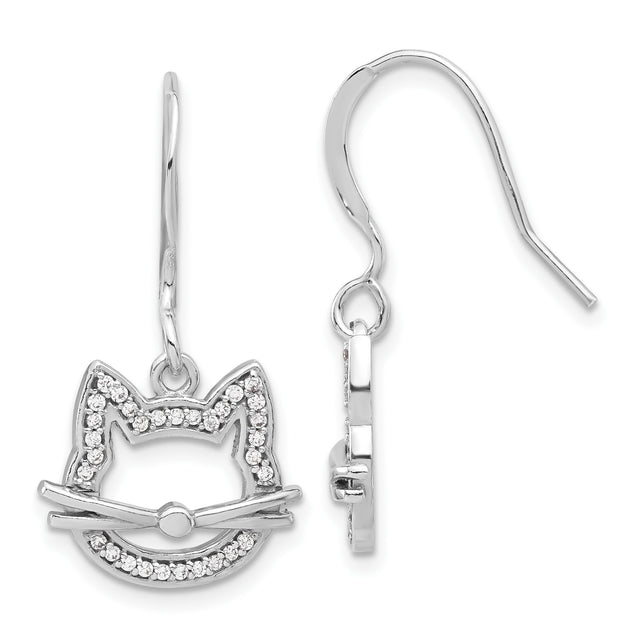 Sterling Silver Drop Earrings with Cubic Zirconia, Cat Face Animal Motif Design