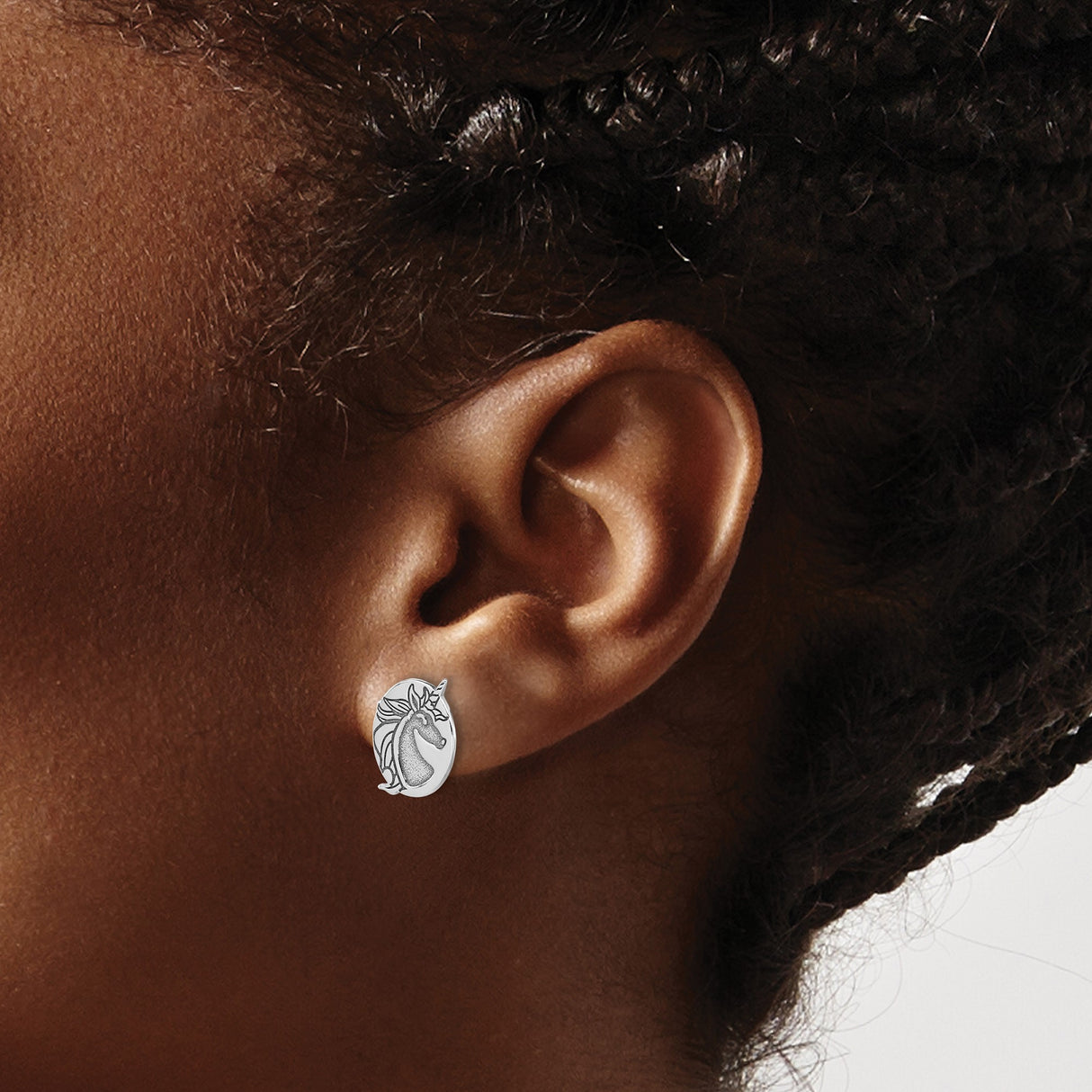 Sterling Silver Unicorn Stud Earrings With Etched Design