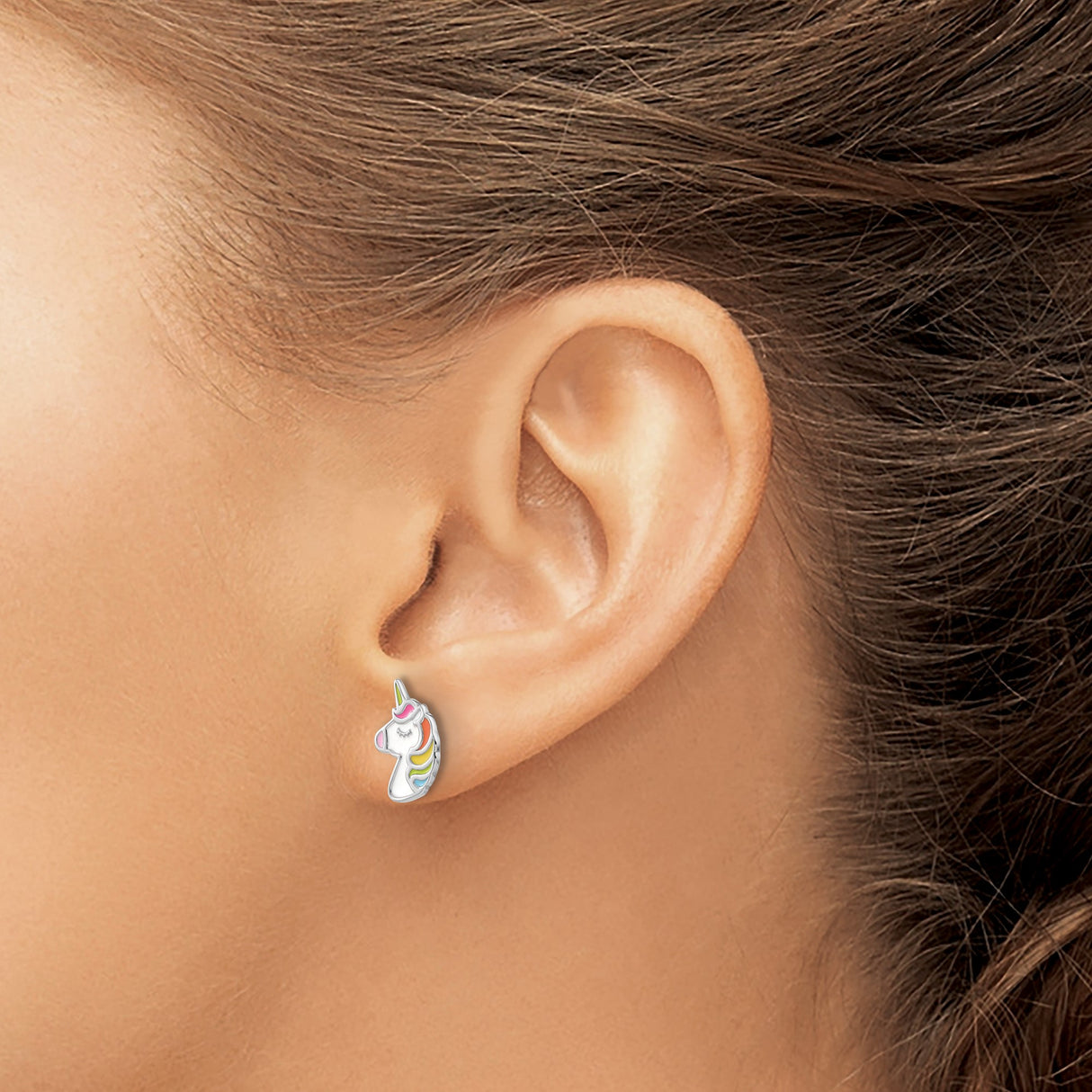Sterling Silver Unicorn Stud Earrings Rainbow Enamel Mane