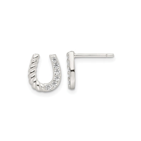 Sterling Silver Horseshoe Stud Earrings with Cubic Zirconia and Twisted Rope Design