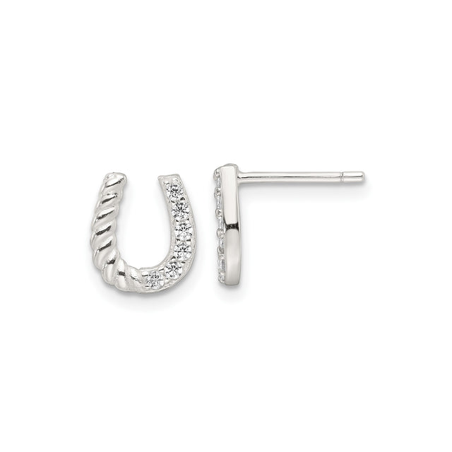 Sterling Silver Horseshoe Stud Earrings with Cubic Zirconia and Twisted Rope Design