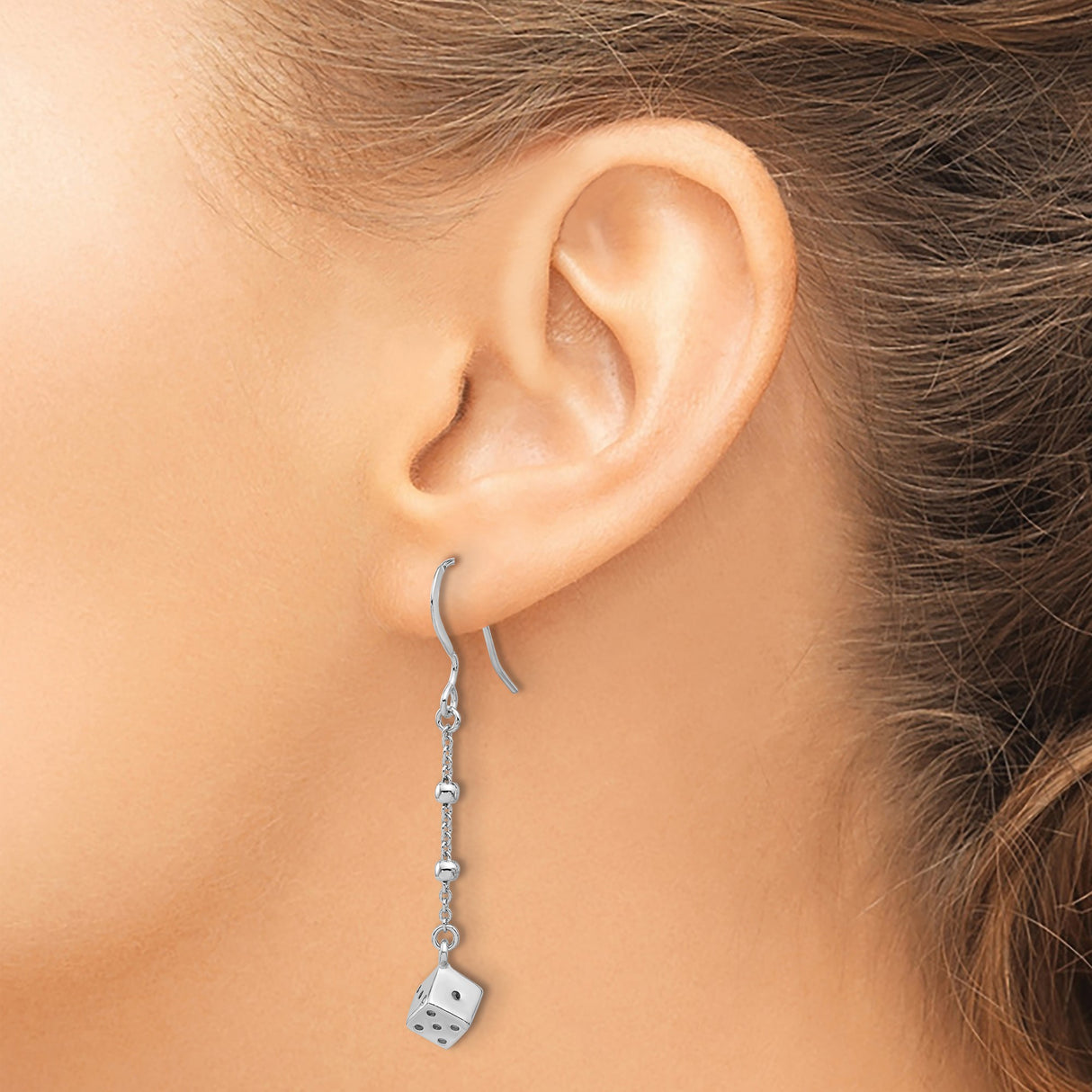 Sterling Silver Dangle Earrings with 3D Dice Charms, Beaded Chains, Casino Style