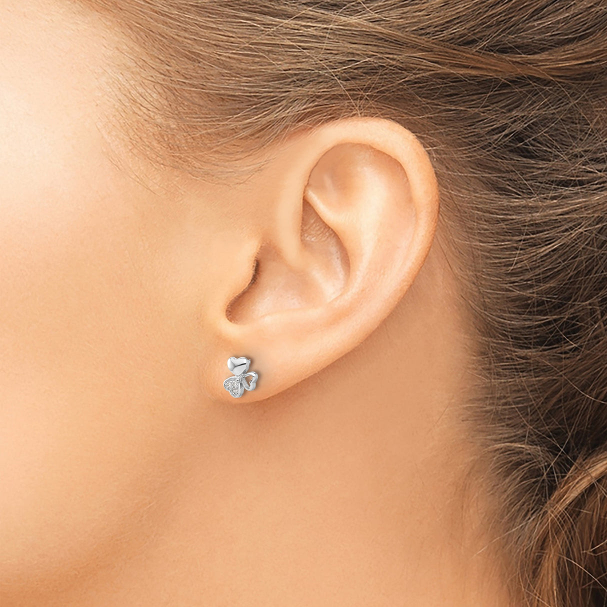 Sterling Silver Clover Stud Earrings with Cubic Zirconia, Three Heart Design, Symbolic Love and Luck