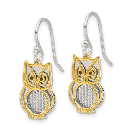 Sterling Silver Owl Dangle Earrings with Gold Accents and Black Enamel