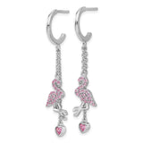 Sterling Silver Flamingo Dangle Earrings with Pink Cubic Zirconia Heart Drops, Animal Charm Design