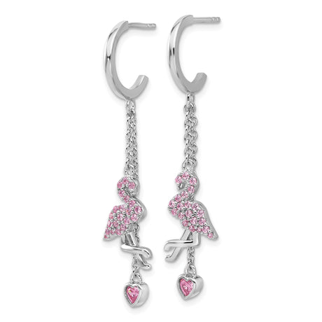 Sterling Silver Flamingo Dangle Earrings with Pink Cubic Zirconia Heart Drops, Animal Charm Design
