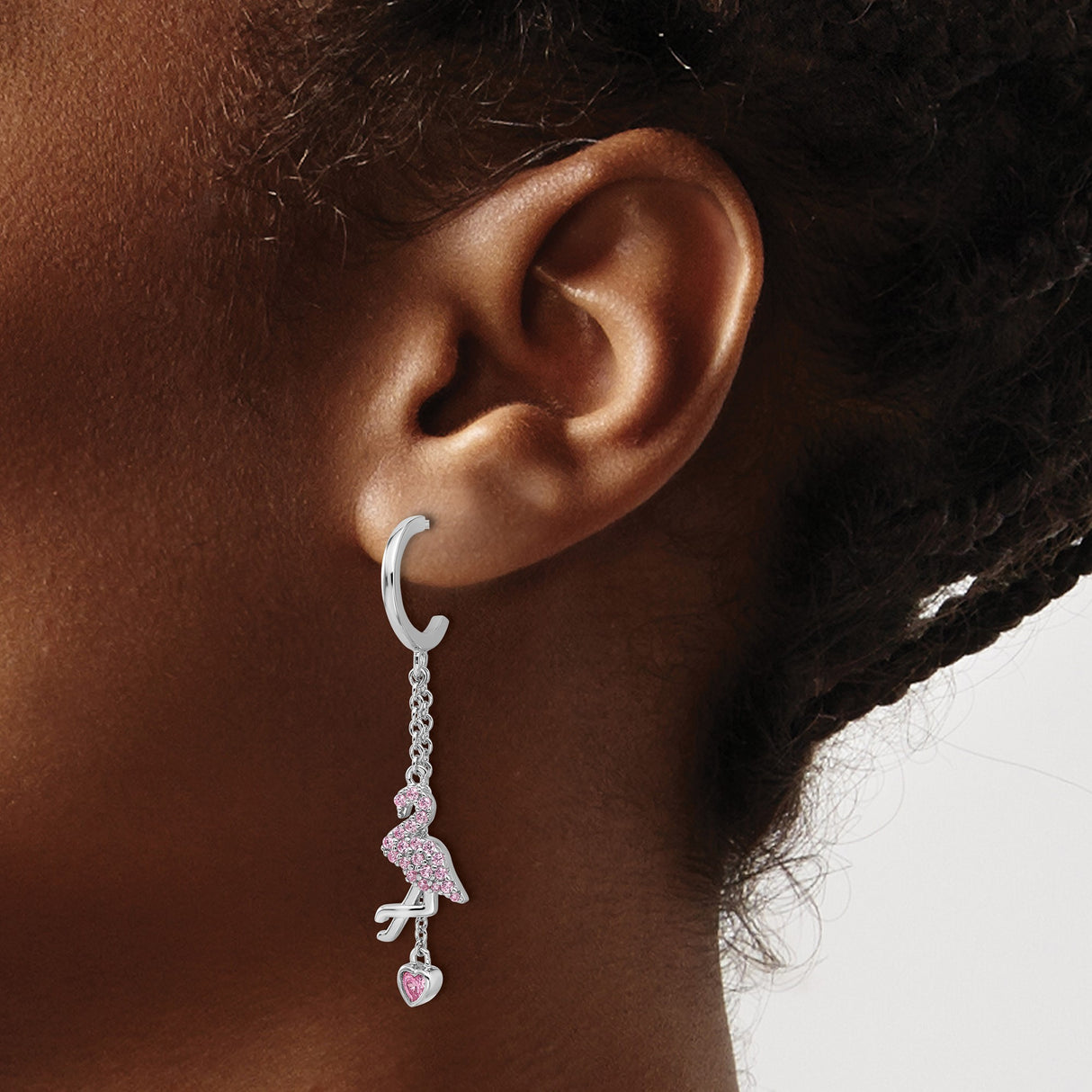 Sterling Silver Flamingo Dangle Earrings with Pink Cubic Zirconia Heart Drops, Animal Charm Design