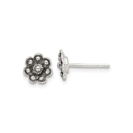 Sterling Silver Flower Stud Earrings with Oxidized Finish and Vintage Floral Design