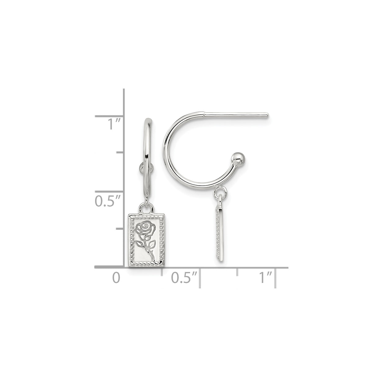 Sterling Silver Hoop Earrings with Rectangular Rose Cutout Charm and Beaded Border