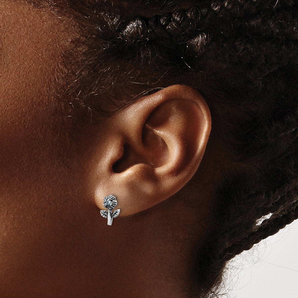 Sterling Silver Flower Stud Earrings with Light Blue Cubic Zirconia Center, Textured Petals and Leaves