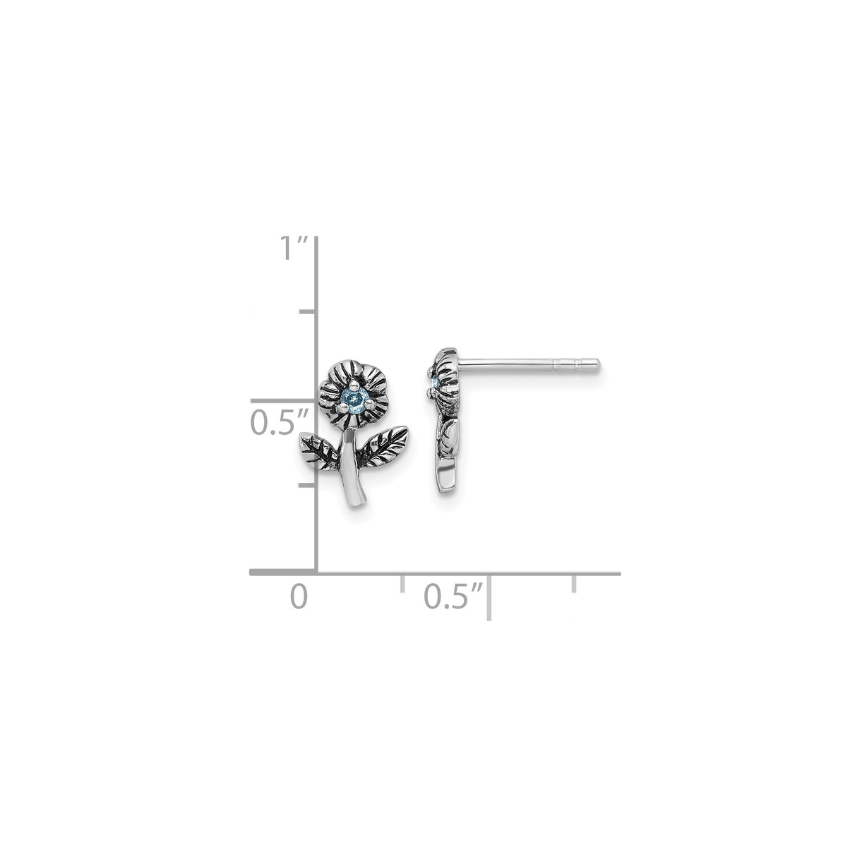 Sterling Silver Flower Stud Earrings with Light Blue Cubic Zirconia Center, Textured Petals and Leaves