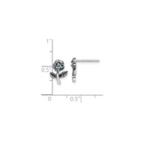Sterling Silver Flower Stud Earrings with Light Blue Cubic Zirconia Center, Textured Petals and Leaves