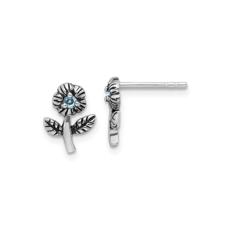 Sterling Silver Flower Stud Earrings with Light Blue Cubic Zirconia Center, Textured Petals and Leaves