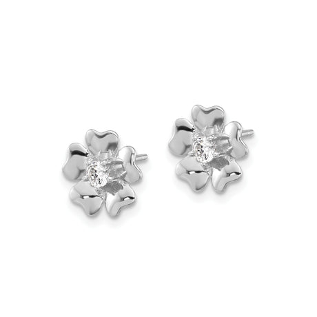 Sterling Silver Flower Stud Earrings with Cubic Zirconia Center, Five Petal Design