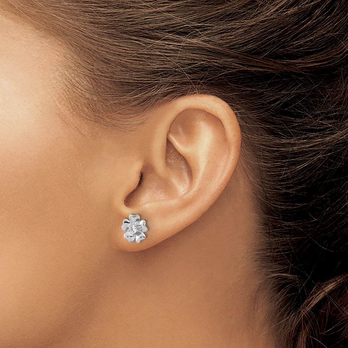 Sterling Silver Flower Stud Earrings with Cubic Zirconia Center, Five Petal Design