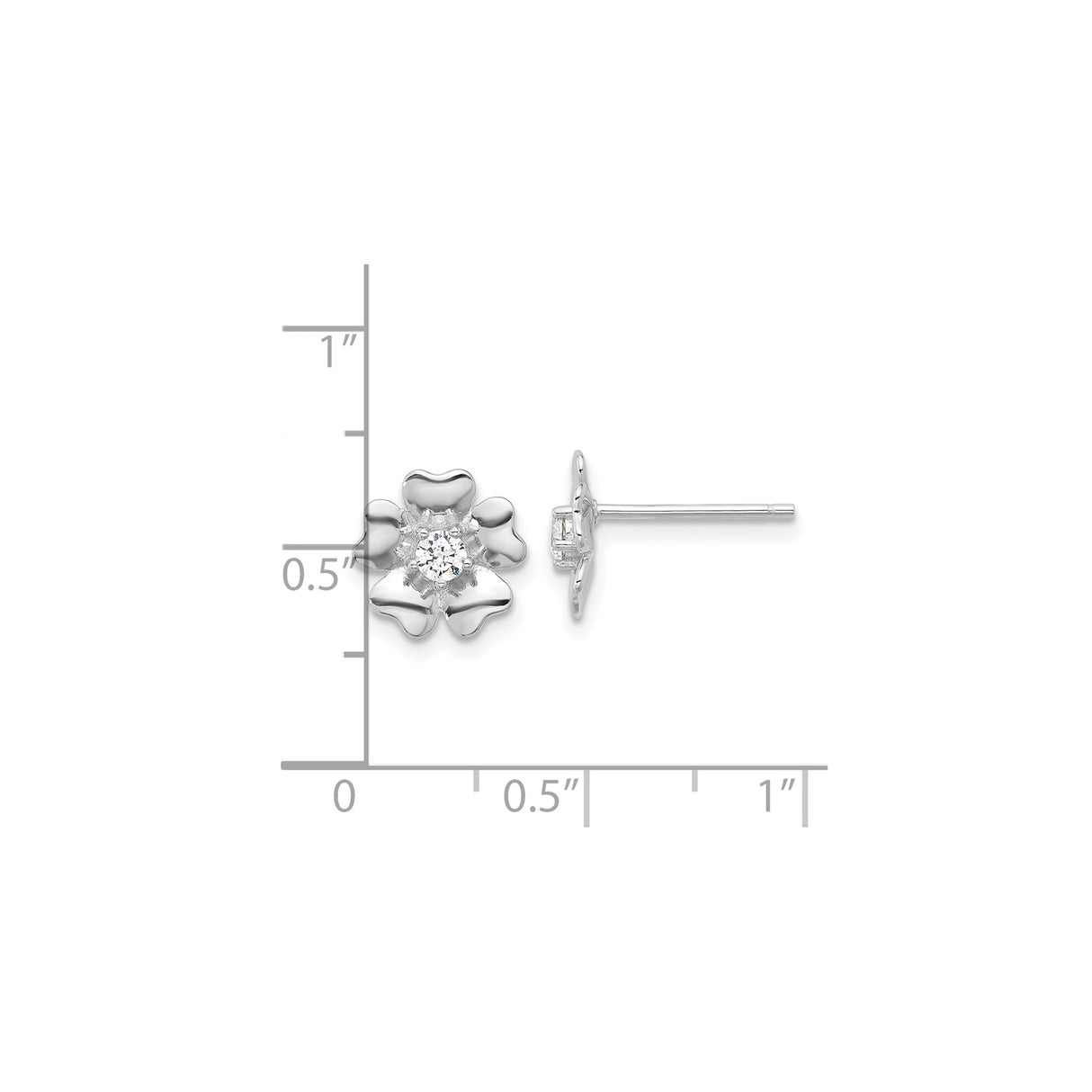 Sterling Silver Flower Stud Earrings with Cubic Zirconia Center, Five Petal Design