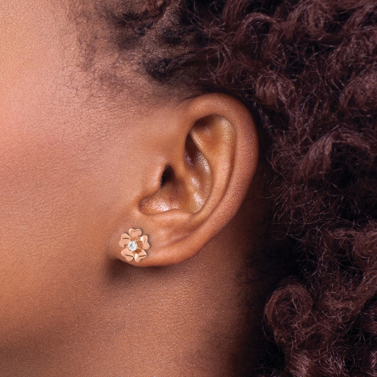 Sterling Silver Flower Stud Earrings with Cubic Zirconia, Rose Gold Tone, Five Petal Floral Design