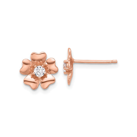 Sterling Silver Flower Stud Earrings with Cubic Zirconia, Rose Gold Tone, Five Petal Floral Design