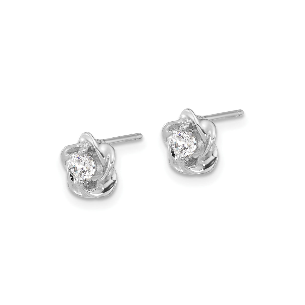 Sterling Silver Flower Stud Earrings with Cubic Zirconia Center and Twisted Petal Design