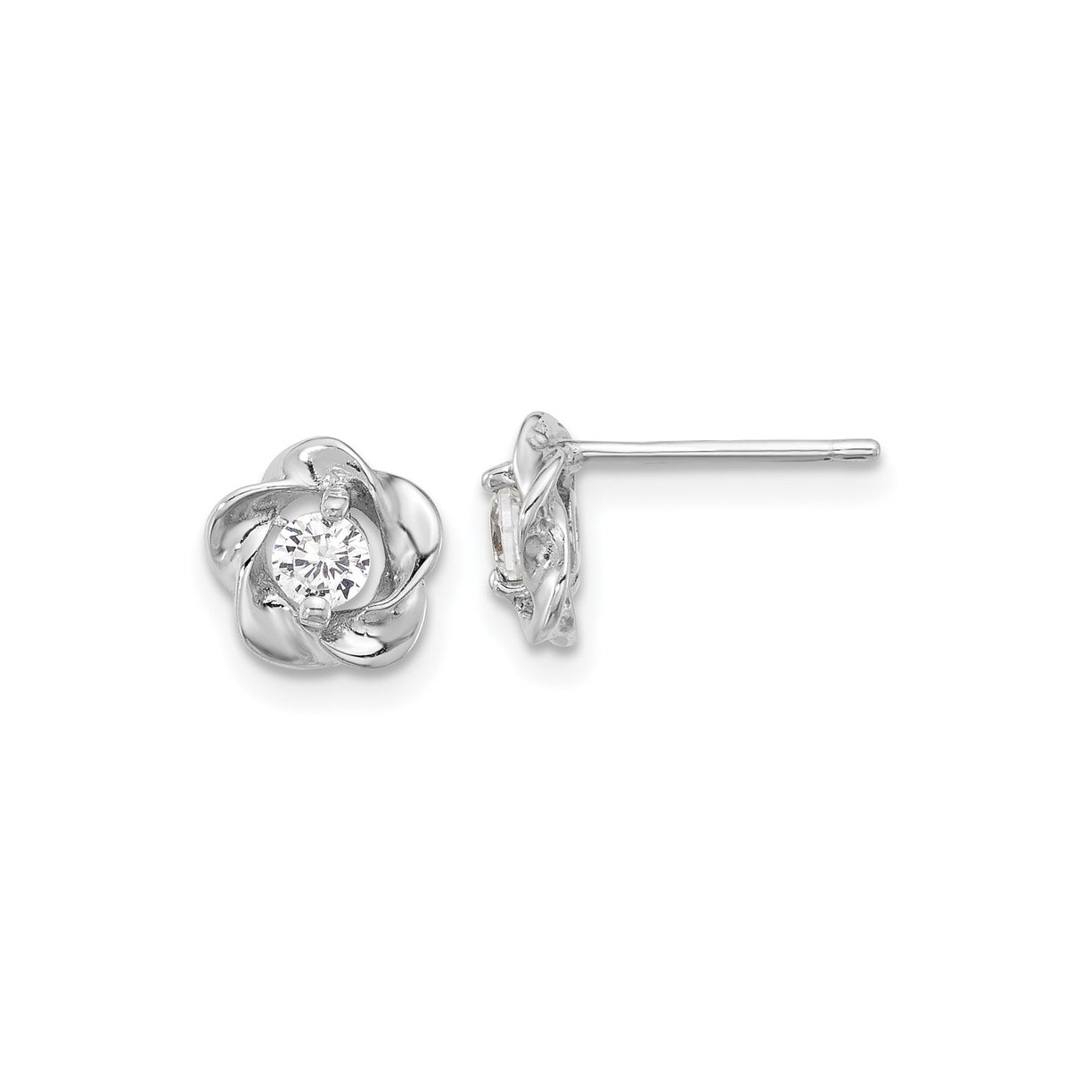 Sterling Silver Flower Stud Earrings with Cubic Zirconia Center and Twisted Petal Design