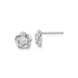 Sterling Silver Flower Stud Earrings with Cubic Zirconia Center and Twisted Petal Design