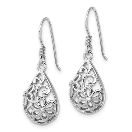 Sterling Silver Teardrop Dangle Earrings with Floral Scroll Filigree Design for Women