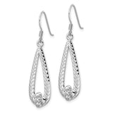 Sterling Silver Dangle Earrings with Open Teardrop Shape, Chevron Pattern, and Floral Accent