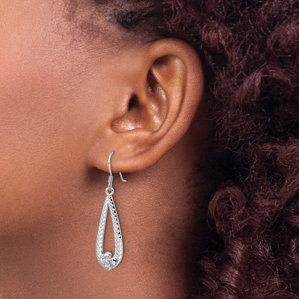Sterling Silver Dangle Earrings with Open Teardrop Shape, Chevron Pattern, and Floral Accent