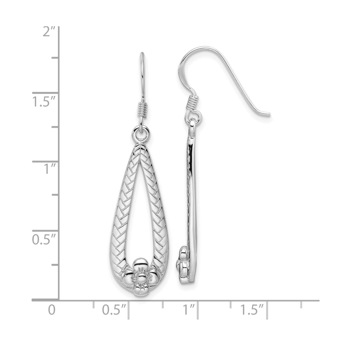 Sterling Silver Dangle Earrings with Open Teardrop Shape, Chevron Pattern, and Floral Accent