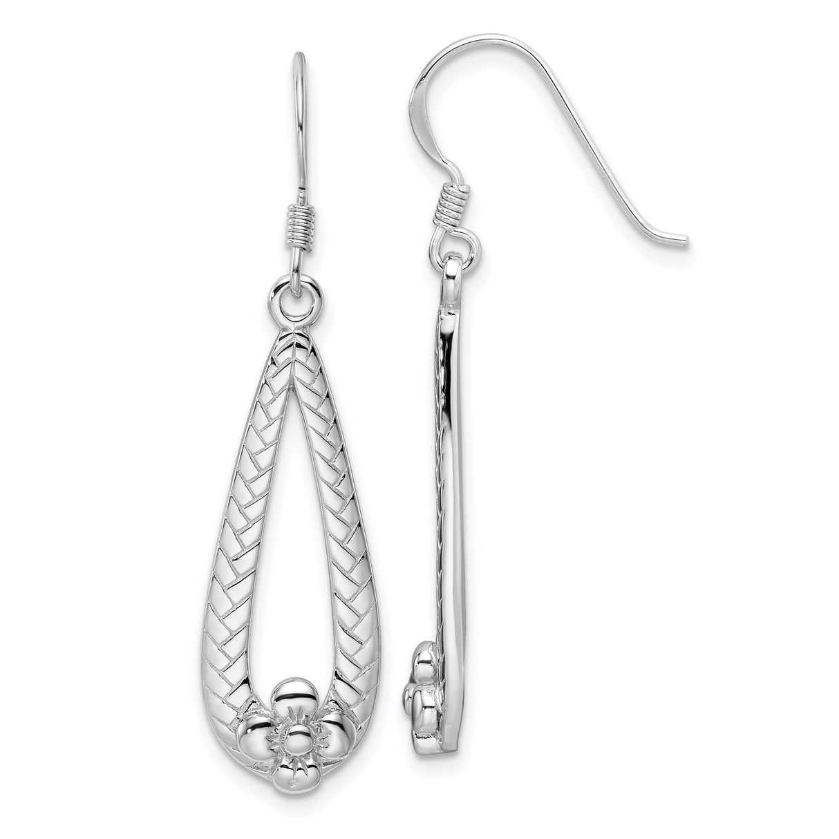 Sterling Silver Dangle Earrings with Open Teardrop Shape, Chevron Pattern, and Floral Accent