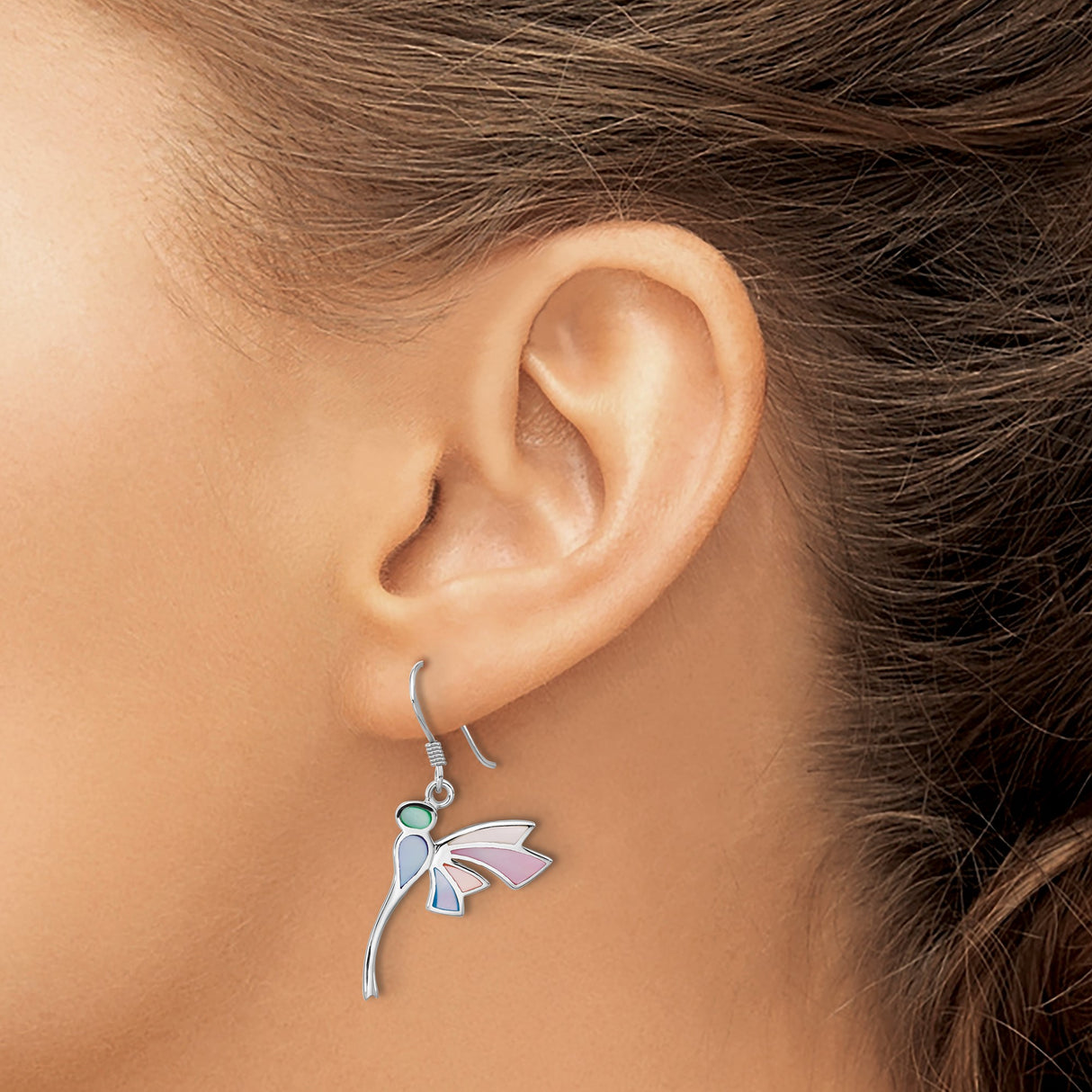 Sterling Silver Dragonfly Dangle Earrings with Mother of Pearl, Boho Nature-Inspired Design